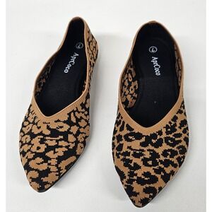 AprCoco Womens Leopard Print Knit Pointed Toe Flats Shoes Tan Black Size 7